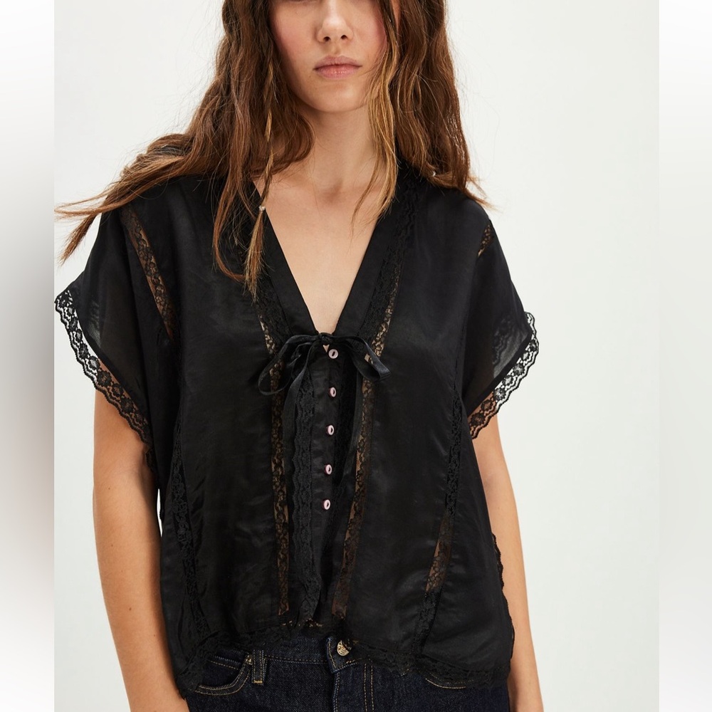 Free People Marigold Shine Satin Lace Top in Washed Black